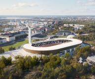Havainnekuva uudistetusta Olympiastadionista kaukaa kuvattuna kokonaisuudessaan.