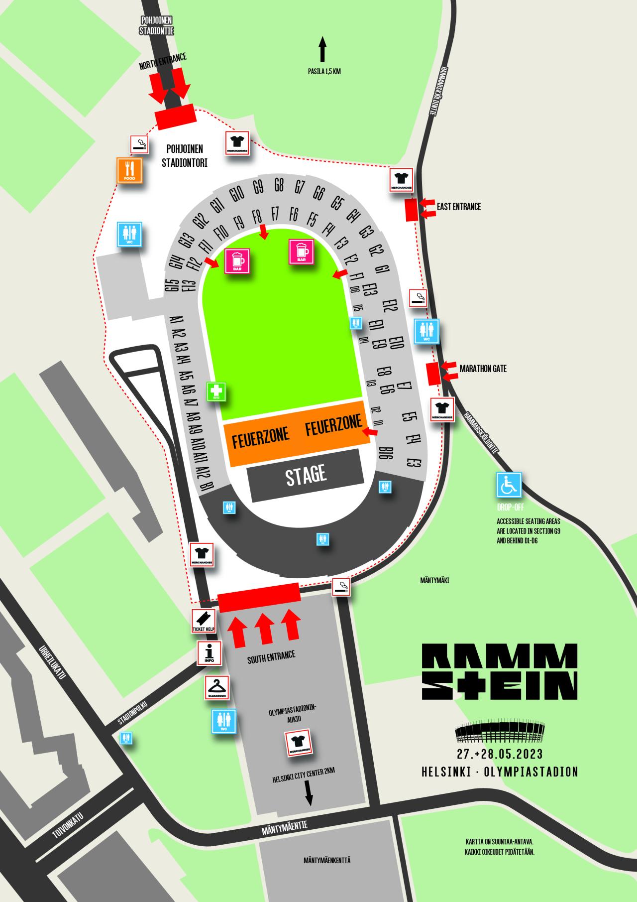 Rammstein Olympiastadionilla 27. - 28.5.2023, aluekartta