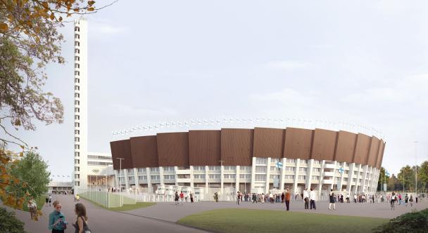 Havainnekuva Olympiastadionista etelän suunnalta