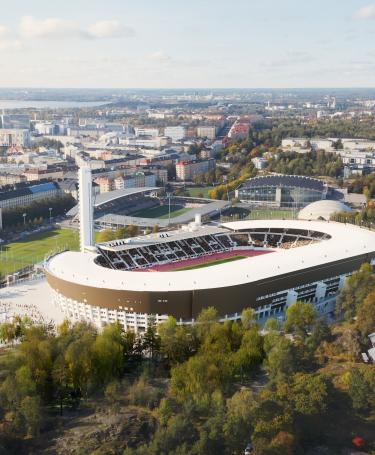 Havainnekuva uudistetusta Olympiastadionista kaukaa kuvattuna kokonaisuudessaan.