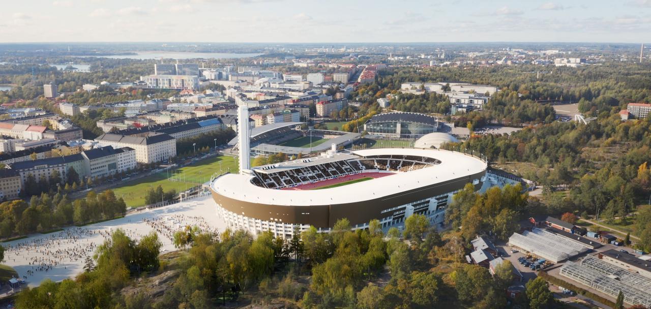 Havainnekuva uudistetusta Olympiastadionista kaukaa kuvattuna kokonaisuudessaan.