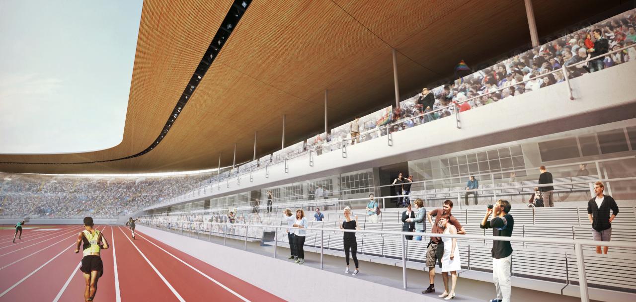 Havainnekuva juoksuradoista uudistetulla Olympiastadionilla