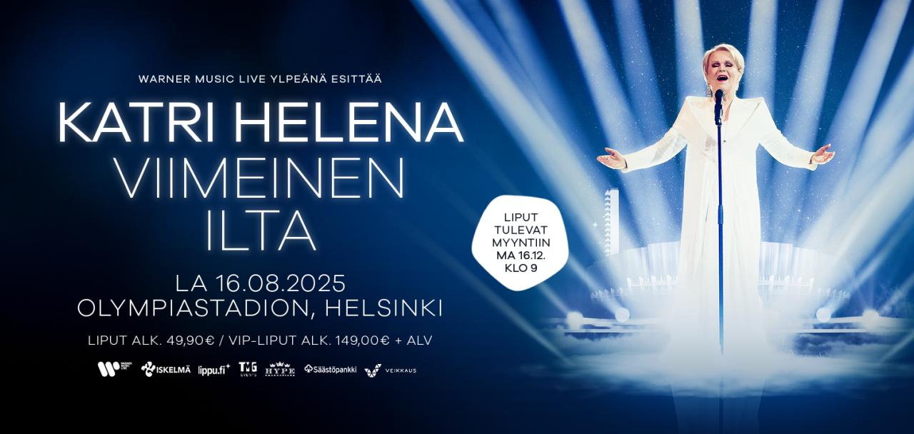 Katri Helena, Viimeinen Ilta -keikan julkistuskuva, tummansininen pohja jossa Katri Helena kuvan vasemmalla laidalla.