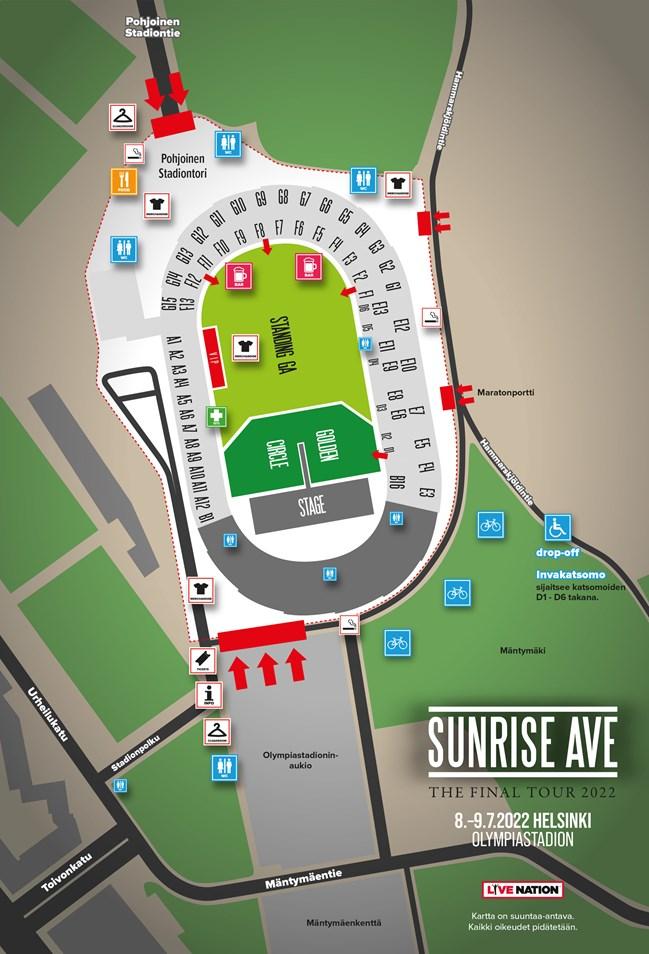Sunrise Avenue Olympiastadion aluekartta 2022
