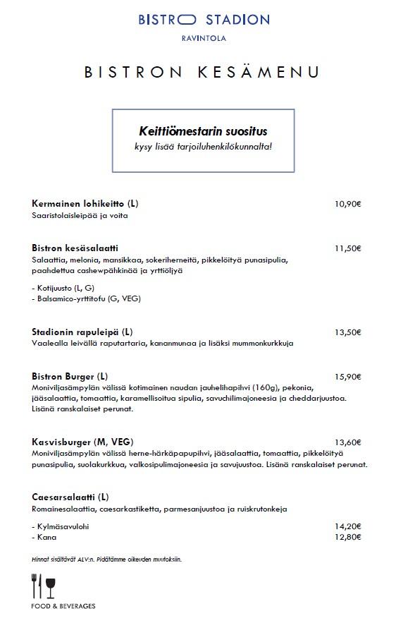 Kuva: Stadionin ravintola Bistro Stadionin kesän ruokalista.